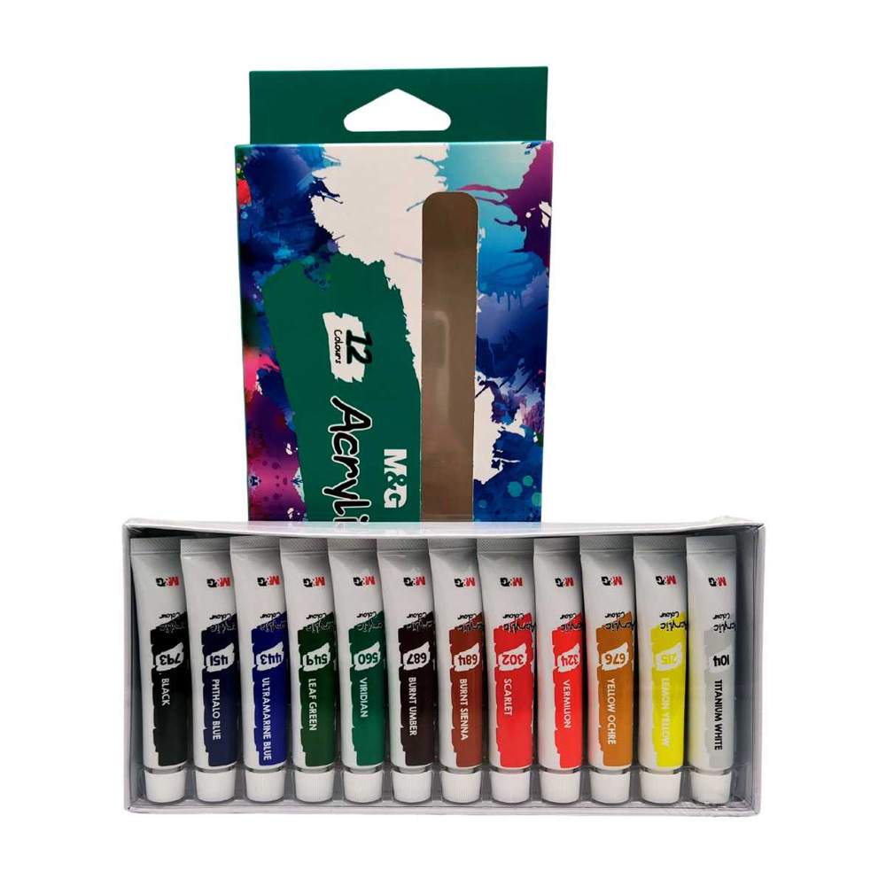 8081429-akrylika-chromata-set-12-solinaria-chartino-kouti-mg ΑΚΡΥΛΙΚΑ ΧΡΩΜΑΤΑ ΣΕΤ 12 ΣΩΛΗΝΑΡΙΑ ΧΑΡΤΙΝΟ ΚΟΥΤΙ M&G - Image 1