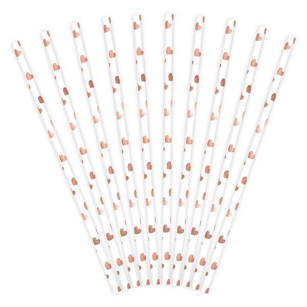 ΧΑΡΤΙΝΑ ΚΑΛΑΜΑΚΙΑ ΛΕΥΚΑ ΜΕ ROSE GOLD ΜΕΤΑΛΛΙΚΕΣ ΚΑΡΔΙΕΣ 19.5cm (10 ΤΕΜ) PARTYDECO